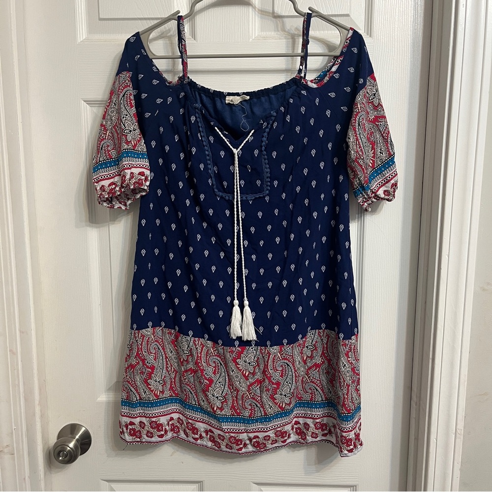 Crescent Blue and Red Cold Shoulder Mini Dress